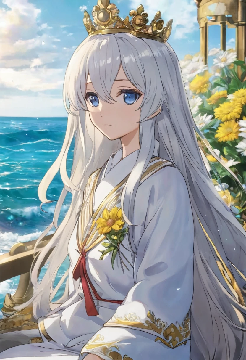 Take a seat by the ocean, She must have long white hair and a very pretty hairstyle., first the king, eyes like honey, cute boku no hero style clothes with gold details, She must be alone and with flowers on her arm as if it were a curse, Don't forget that your skin is dark