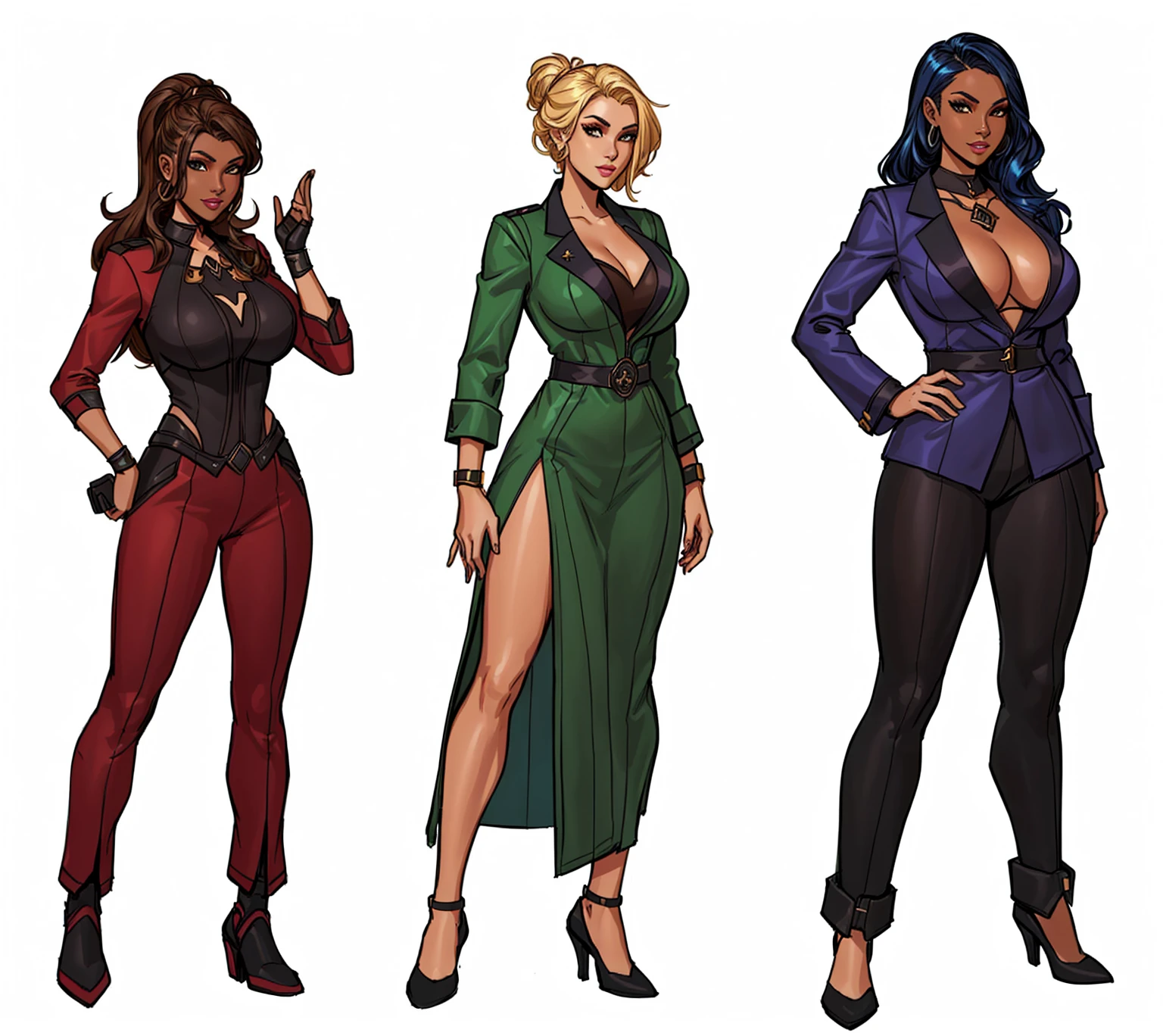 three cartoon women in different outfits standing next to each other, outfit designs, diverse outfits, character designs, several character designs, comic character design, d & d style full body portrait, human game protagonist designs, full character design, character concepts, full character concept art, full body character concept art, female superhero proportions, full body character design, female lead character