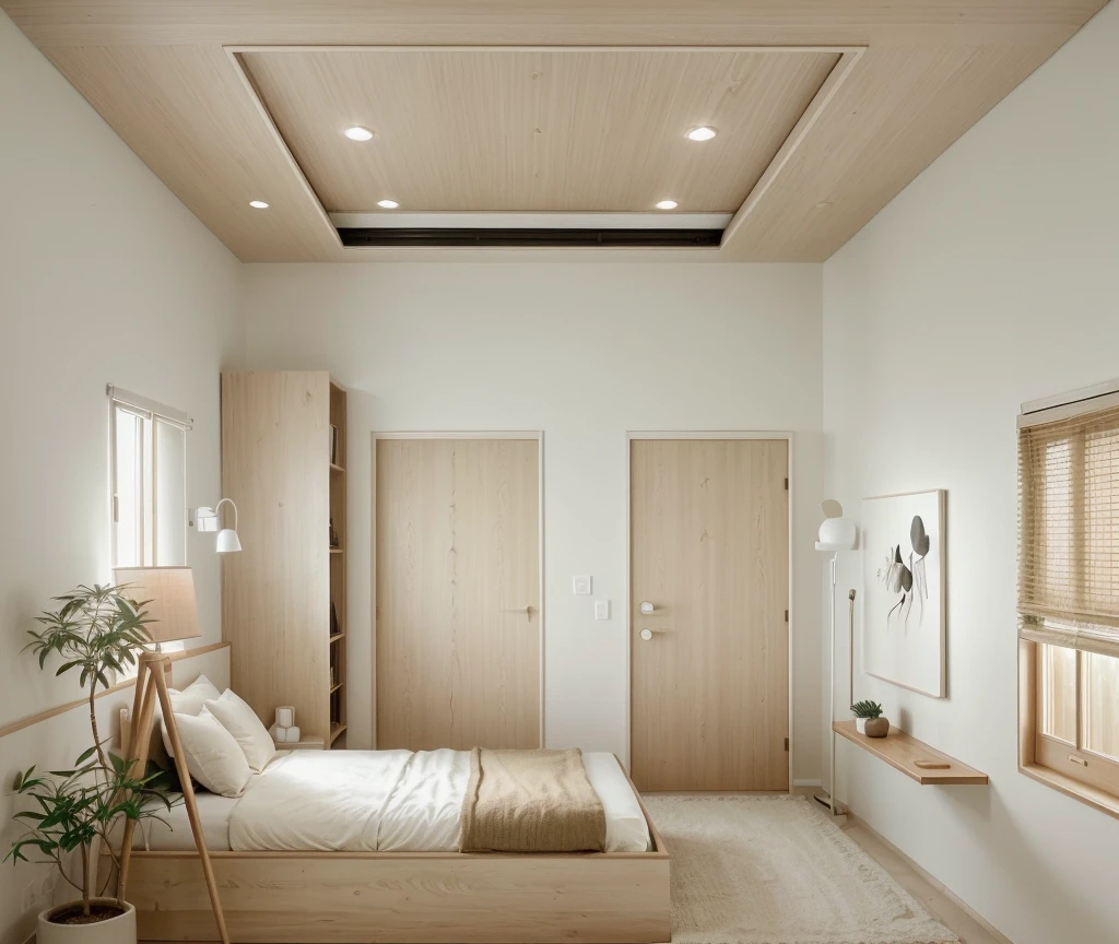 Minimalist Muji-style living room, neutral color palette, natural materials, soft lighting, low-profile white couch, wooden chair, natural wood coffee table, indoor plants, minimalist wall art, woven rug, natural light, tranquility, functionality, harmonious blend, window on the right, picture frame on top of the bed
((8k)), high quality detail, soft lighting, minimalist design, neutral color palette, natural materials, clean lines, serene and inviting, modern Japanese aesthetic, flat ceiling, recessed downlights.