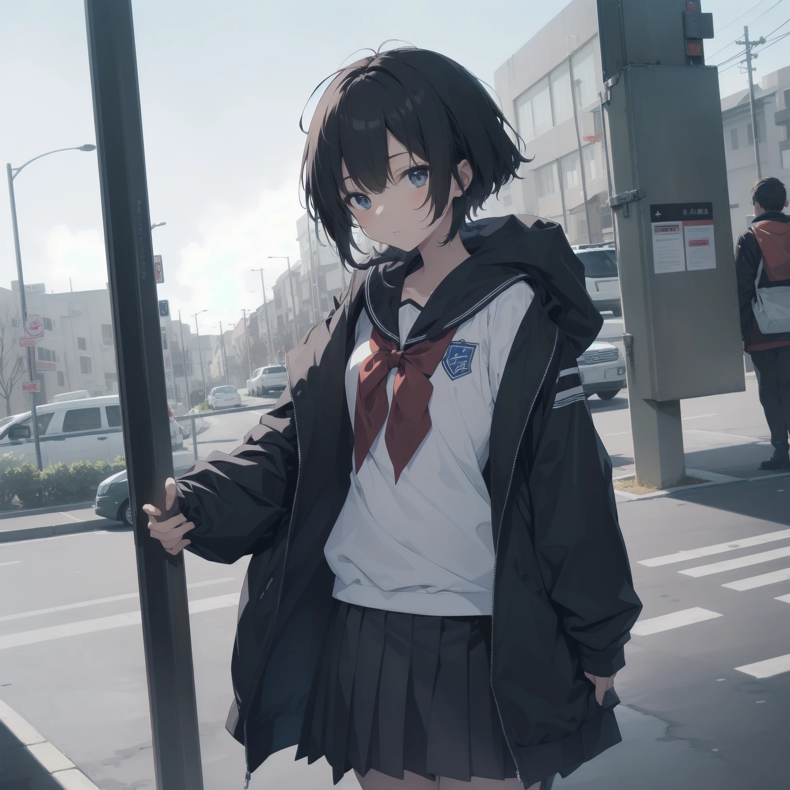 ultra-absurdres-Top quality by artist God, ultra-detailed, high resolution, anime moe artstyle, best anime 8k konachan wallpaper, pixiv contest winner, pool:2810, perfect anatomy,break, 1girl, (Please draw a girl walking sleepily to school alone. )break,(Solo,little female, 13-year-old:1.3),Full limbs, complete fingers,a junior high school student, (very short hair), short cut, flat chest, , small butt, small black eyes, beautiful detailed eyes, well-proportioned iris and pupils, expressive eyes, highres detailed hair, soft expression, salor school_uniform, sailor collar, serahuku, bow, pleated skirt,(Detailed Lighting), (Detailed background), in the School commute route. break,super detailed skin, Best cinematic lighting powered by famous artist, 8k,beauty illustration,photoshop_(medium),very aesthetic,break,((artist:enkyo_yuuichirou )), artist:clamp ,artist:carnelian ,artist:kantoku ,