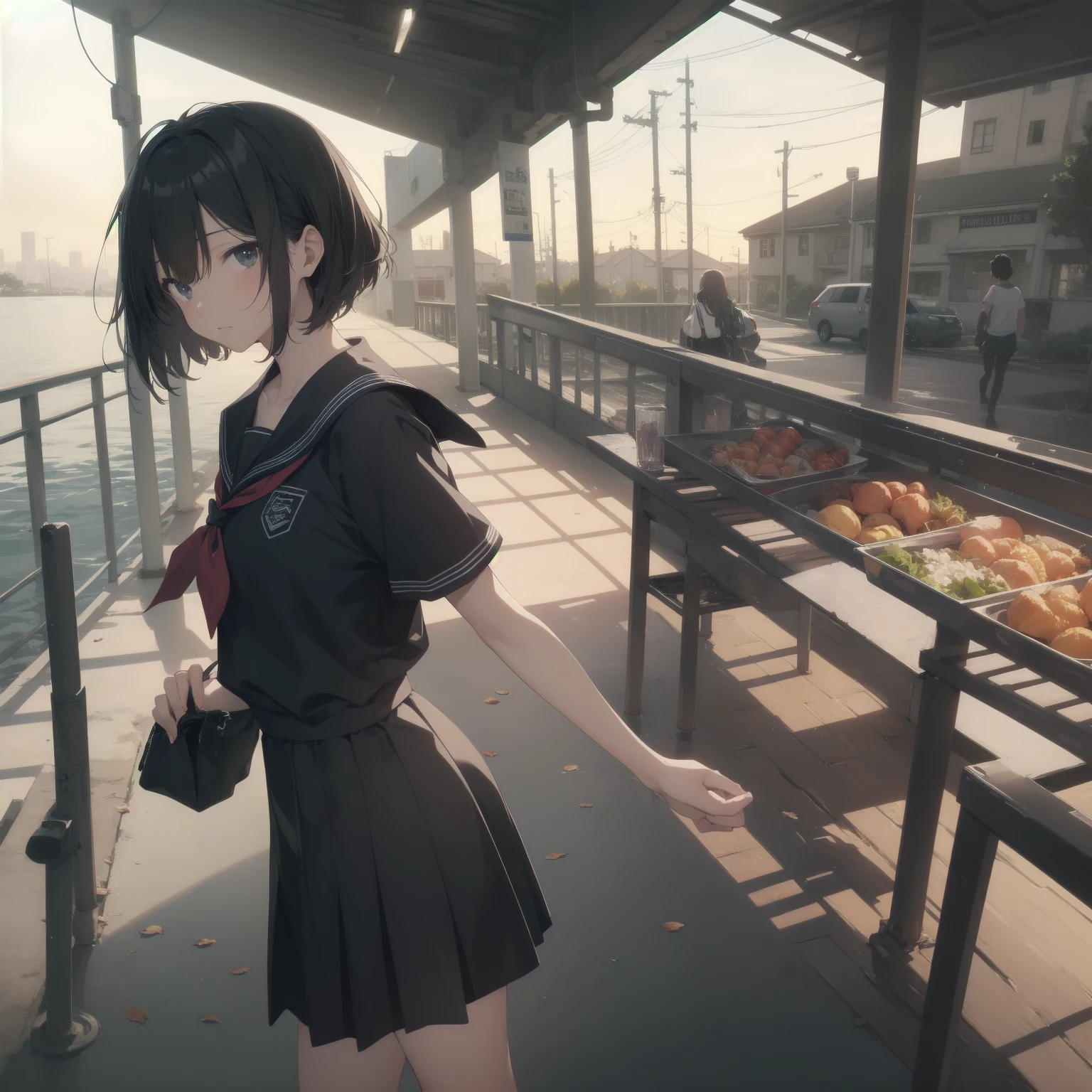 ultra-absurdres-Top quality by artist God, ultra-detailed, high resolution, anime moe artstyle, best anime 8k konachan wallpaper, pixiv contest winner, pool:2810, perfect anatomy,break, 1girl, (Please draw a girl walking sleepily to school alone. )break,(Solo,little female, 13-year-old:1.3),Full limbs, complete fingers,a junior high school student, (very short hair), short cut, flat chest, , small butt, small black eyes, beautiful detailed eyes, well-proportioned iris and pupils, expressive eyes, highres detailed hair, soft expression, salor school_uniform, sailor collar, serahuku, bow, pleated skirt,(Detailed Lighting), (Detailed background), in the School commute route. break,super detailed skin, Best cinematic lighting powered by famous artist, 8k,beauty illustration,photoshop_(medium),very aesthetic,break,((artist:enkyo_yuuichirou )), artist:clamp ,artist:carnelian ,artist:kantoku ,
