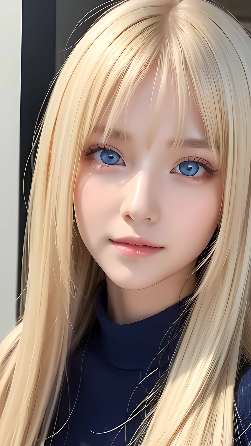 Highest quality、masterpiece、(Realistic:1.4)、One very beautiful blonde girl、Dazzlingly long, super long straight silky platinum blonde、Bangs between the eyes、bangs on the face、Big, very bright light blue eyes that shine so beautifully、Very big eyes、front、Detailed face、Beautiful Eyes、Very white and bright, beautiful skin、Small Face Beauty、 beautiful girl、Cheek gloss highlighter、Round face