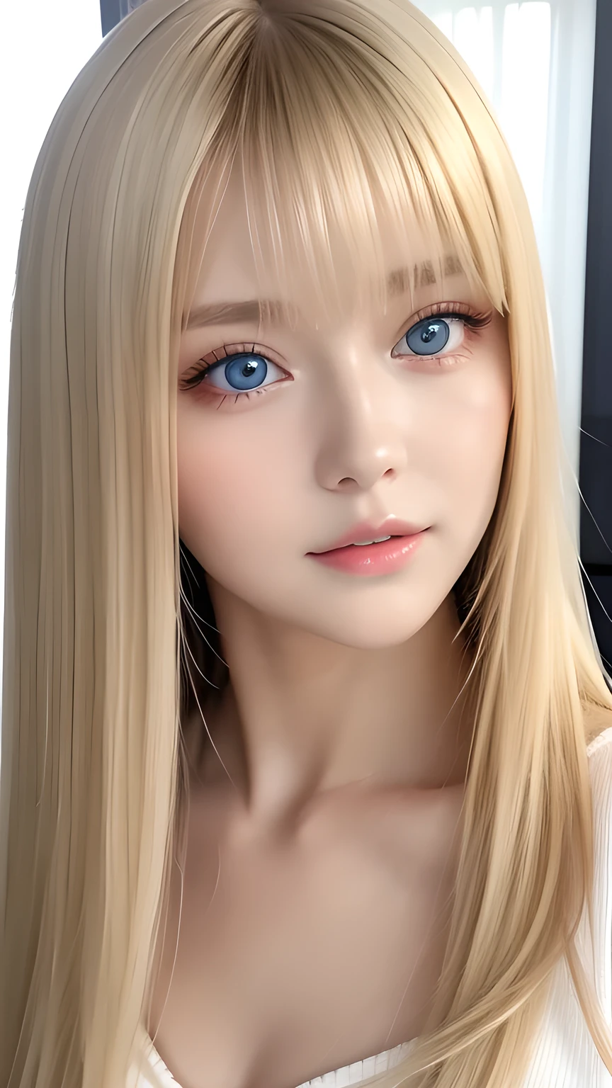 Highest quality、masterpiece、(Realistic:1.4)、One very beautiful blonde girl、Dazzlingly long, super long straight silky platinum blonde、Bangs between the eyes、bangs on the face、Big, very bright light blue eyes that shine so beautifully、Very big eyes、front、Detailed face、Beautiful Eyes、Very white and bright, beautiful skin、Small Face Beauty、14 year old beautiful girl、Cheek gloss highlighter、Round face