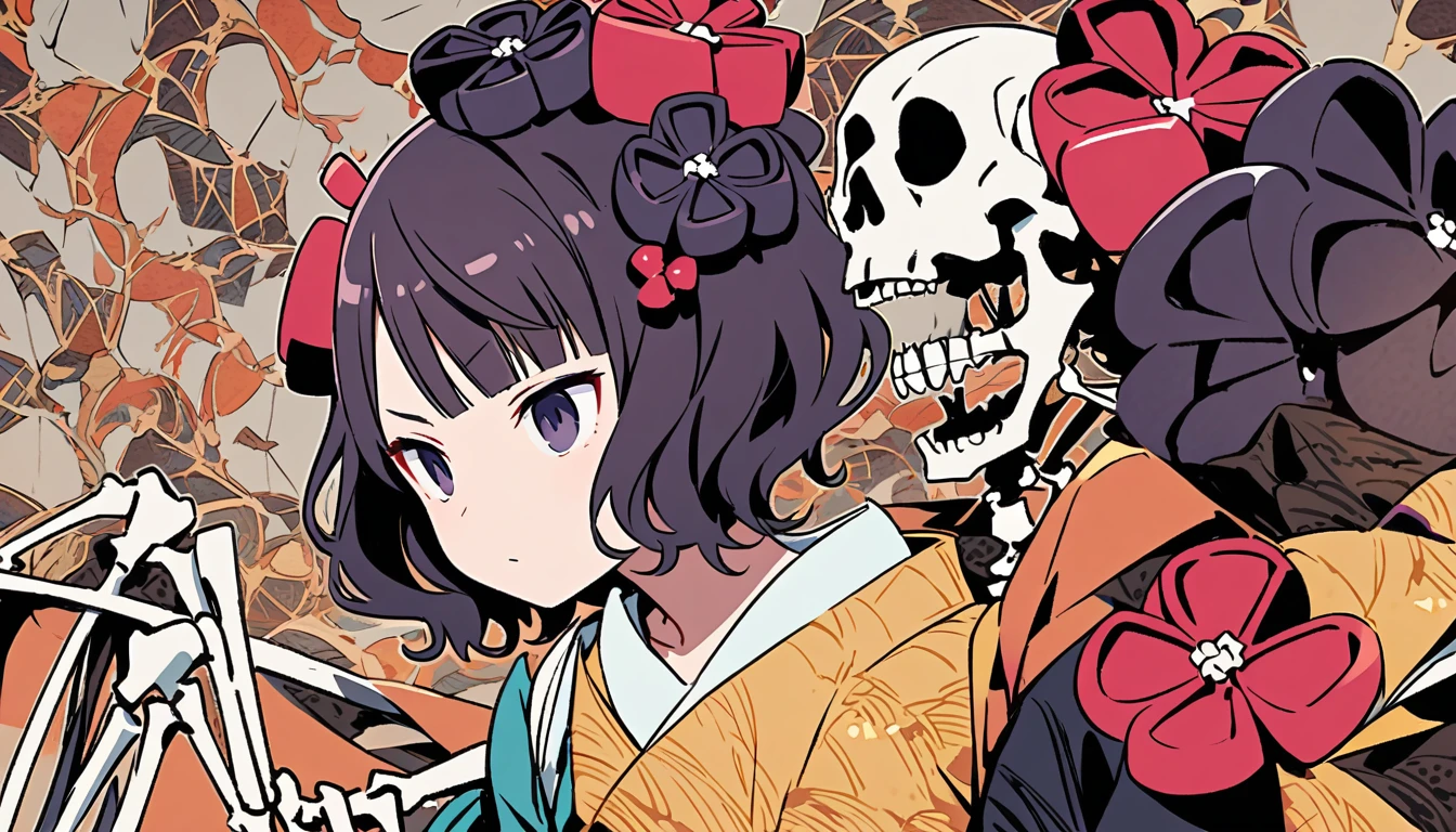 (((Katsushika Hokusai))), ((Skeleton wearing a kimono)), Horror elements