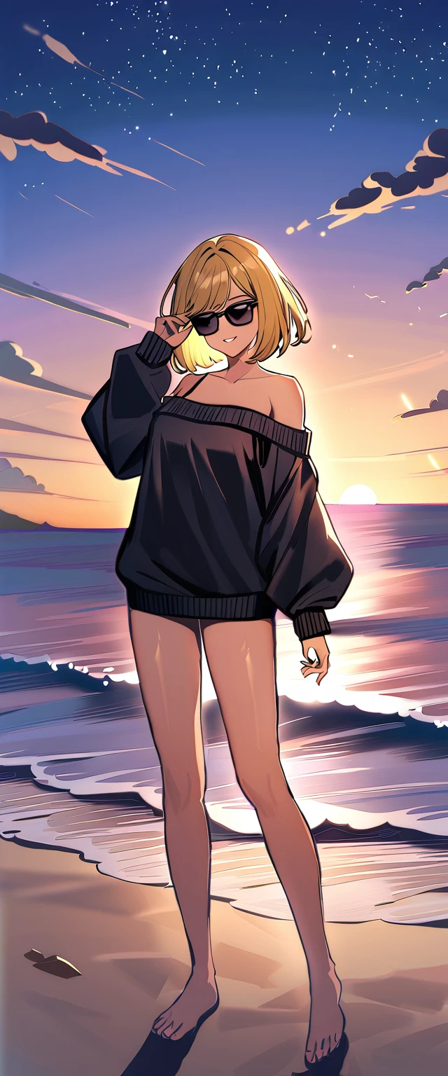 ((sea, beach)), bare legs, ((starly sky)), (((sunglasses, hand to sunglasses))), (((cowboy shot))), ((wavy hair, inward curled hair)), evening, ((Sunset)), ((blond hair, bob cut:1.3)), breasts, teenager, (looking at viewer), oversized clothes, puffy long sleeves, ((off-shoulder sweater:1.3, Quite thick shoulder straps)), ((black sweater)), collarbone, head tilt:1.3, (((blue eyes))), ((happy smile)), (((anime style))), (best quality, 4K, 8K, highres, masterpiece:1.2, ultra-detailed, ultra-detailed eyes, HDR, uhd, studio lighting, ultra-fine painting, sharp focus, physically-based rendering, extreme detail description, professional, vivid colors, bokeh)