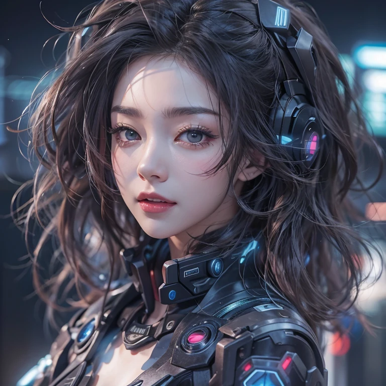 Futuristic space、Hair flow、 ((Highest quality、masterpiece、8K、Best image quality、Ultra-high resolution、Award-winning works)、(Accurate anatomy:1.1)、(Look at me and smile:1.1)、Shining fair skin with Ultra-high resolution、The most detailed face、Ultra-high resolution detailed face、Ultra-high resolutionの髪の毛、(Ultra-high resolutionの煌めく瞳:1.1)、Beautiful face drawn in every detail、(Blurred Background:1.1)、Cyberpunk Costume :1.3, Chest to chest, Diva singing microphone、
