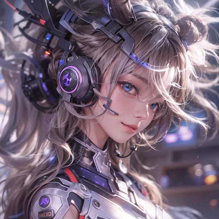 Futuristic space、Hair flow、 ((Highest quality、masterpiece、8K、Best image quality、Ultra-high resolution、Award-winning works)、(Accurate anatomy:1.1)、(Look at me and smile:1.1)、Shining fair skin with Ultra-high resolution、The most detailed face、Ultra-high resolution detailed face、Ultra-high resolutionの髪の毛、(Ultra-high resolutionの煌めく瞳:1.1)、Beautiful face drawn in every detail、(Blurred Background:1.1)、Cyberpunk Costume :1.3, Chest to chest, Diva singing microphone、