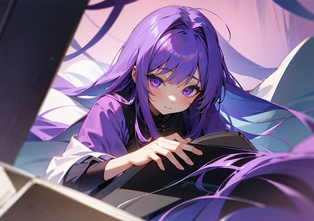 One Girl、Purple Hair、Long Hair、studying、one's home、Horizontal position、night、Anime illustration