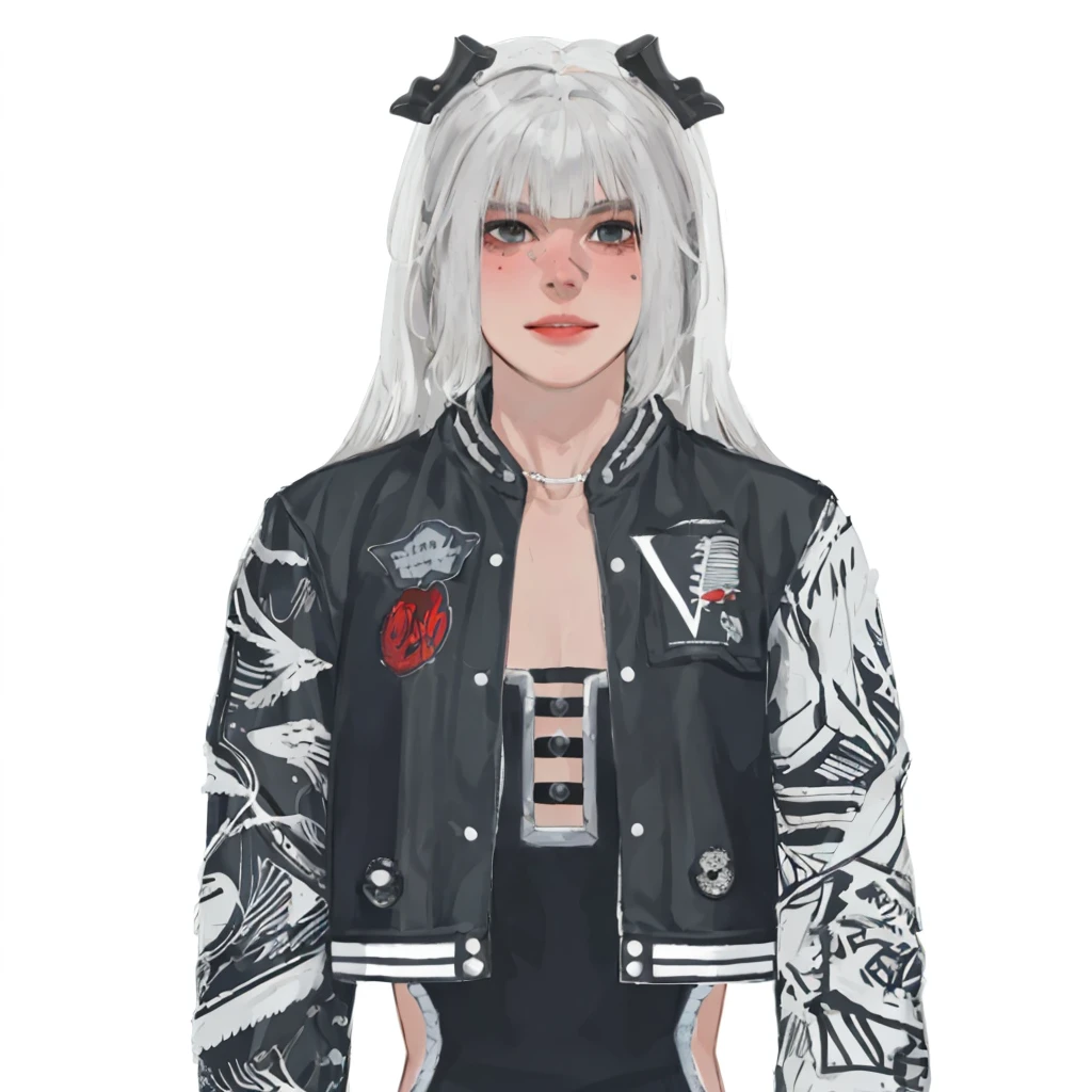 (masterpiece:1.2, best quality), (1women, solo, upper body:1.2),smile face,Hair: buzz cut, Clothing: oversized, distressed denim jacket with patches and pins, paired with black skinny jeans and combat boots, Hanging out in an underground music venue or street art exhibit