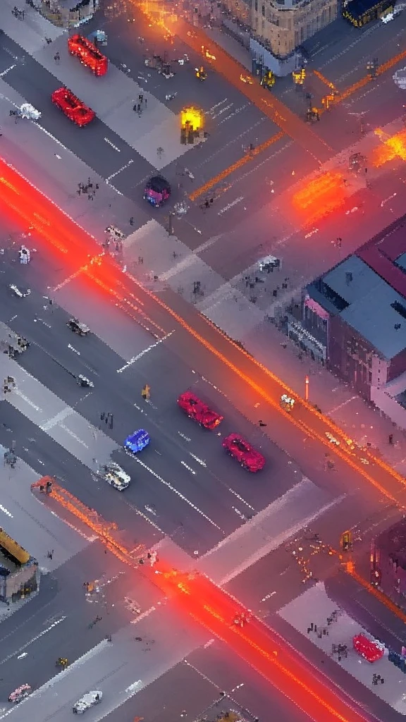 Straight road running through the center of the city, game concept, game map, pixel, pixel art, (straight road:1.2), paved road, vertical, night, deteiled, bird's eye view, modern city, modern buildings, post-apocalypse, front projection