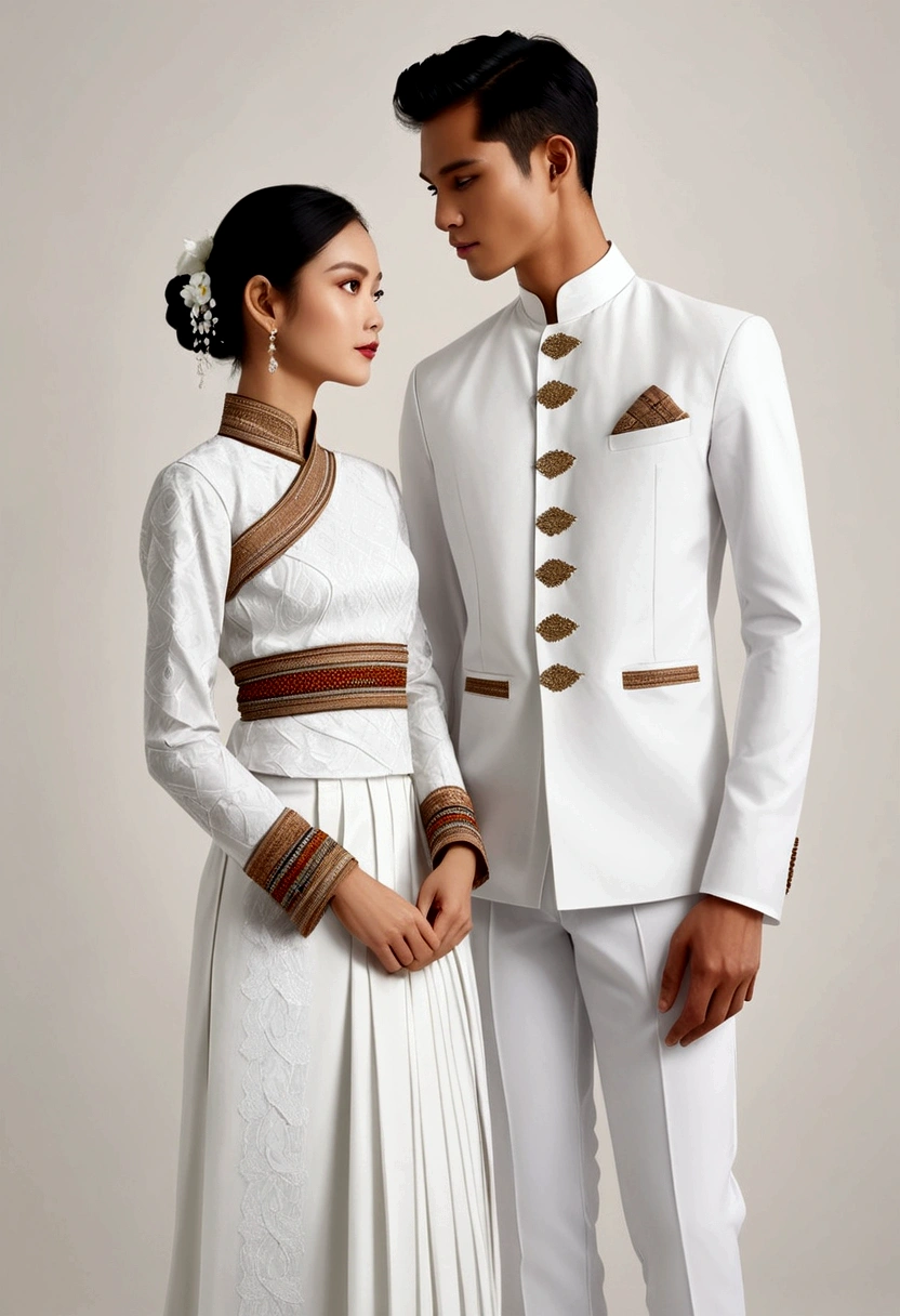 candid fashion illustration of two young man and women, adorned in a meticulously crafted North Thai traditional outfit, stands gracefully against the simple backdrop of Lanna style decoration. Their attire shimmers with intricate embroidery and white accents, each element carefully chosen to reflect the rich Lanna cultural heritage, ((showcase fashion in a Northern Thai Lanna outfits all in white)), in elegant luxury style, The man wears a simple long-sleeved white shirt with minimal details, paired with white Tailor pants, shoes, The woman complements him with white tubular skirt that is handwoven and simple patterns, ankle-length and is wrapped around the waist detail, and A fitted intricately decorated blouse that complements the skirt. Captured in a low angle, ((full-body image)), (full-body pose)), ((white studio background)), realistic color pencil lines, perfect drawing, charcoal lines, fading sketch, quick Sketch, soft light,