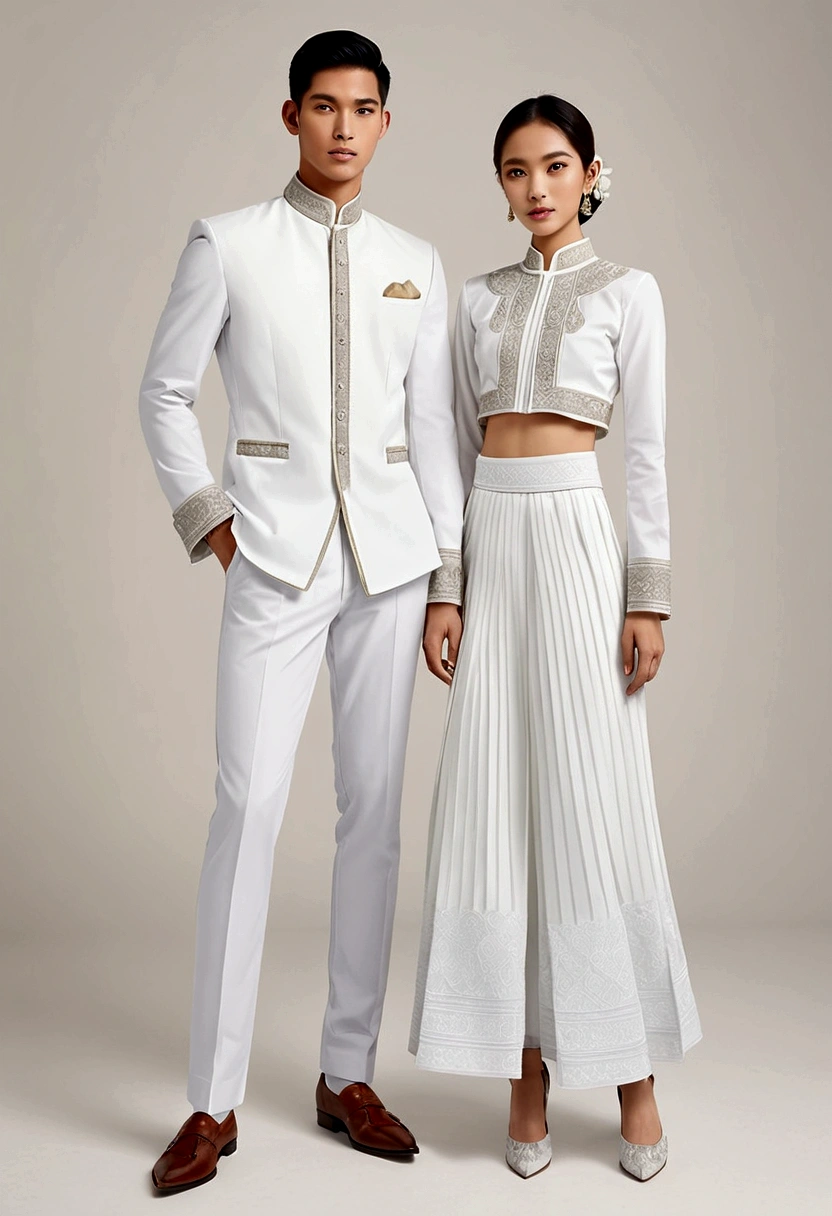 candid fashion illustration of two young man and women, adorned in a meticulously crafted North Thai traditional outfit, stands gracefully against the simple backdrop of Lanna style decoration. Their attire shimmers with intricate embroidery and white accents, each element carefully chosen to reflect the rich Lanna cultural heritage, ((showcase fashion in a Northern Thai Lanna outfits all in white)), in elegant luxury style, The man wears a simple long-sleeved white shirt with minimal details, paired with white Tailor pants, shoes, The woman complements him with white tubular skirt that is handwoven and simple patterns, ankle-length and is wrapped around the waist detail, and A fitted intricately decorated blouse that complements the skirt. Captured in a low angle, ((full-body image)), (full-body pose)), ((white studio background)), realistic color pencil lines, perfect drawing, charcoal lines, fading sketch, quick Sketch, soft light,