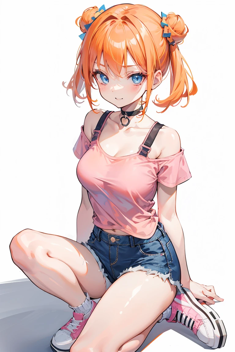 1girl, solo, orange hair, twin buns, blue eyes, eyeliner, light grin, medium breasts, pink t-shirt, black choker, bare shoulders, denim shorts, light blue sneakers, frow below