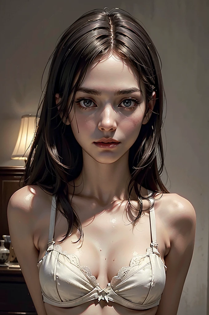 (slender:1.3),(whole body:1.3), (Ultimately realistic 1/2 Cup Bra:1.2), ((Highest quality, 8K, masterpiece: 1.3)), whole body, Outstanding beauty: 1.4, Slim Abs: 1.2,Beautiful Female Hair Portrait Photography by JoSkriver , Double Bang, Hotel Bedroom, (masterpiece) (High resolution) (wallpaper) (Cinema Lighting) (Sharp focus)