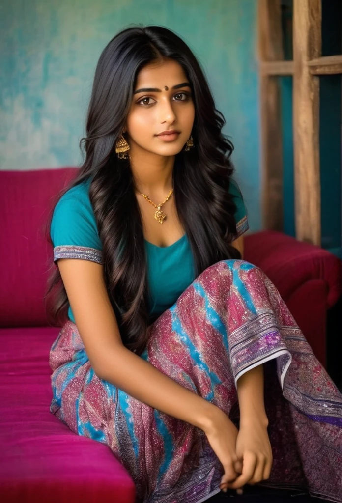 beautiful cute young attractive indian age girl, village girl, 18 years old, cute,  Instagram model, long black_hair, colorful hair, warm, dacing, in home sit at  sofa, indian