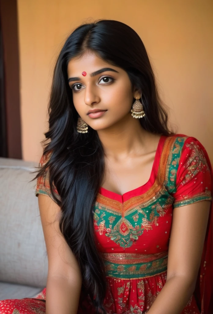 beautiful cute young attractive indian teenage girl, village girl, 18 years old, cute,  Instagram model, long black_hair, colorful hair, warm, dacing, in home sit at  sofa, indian