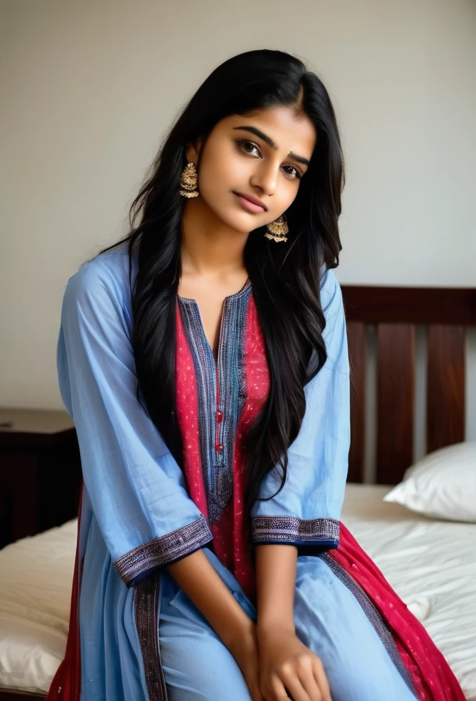 beautiful cute young attractive indian teenage girl, village girl, 18 years old, cute,  Instagram model, long black_hair, colorful hair, warm, dacing, in home sit at  sofa, indian