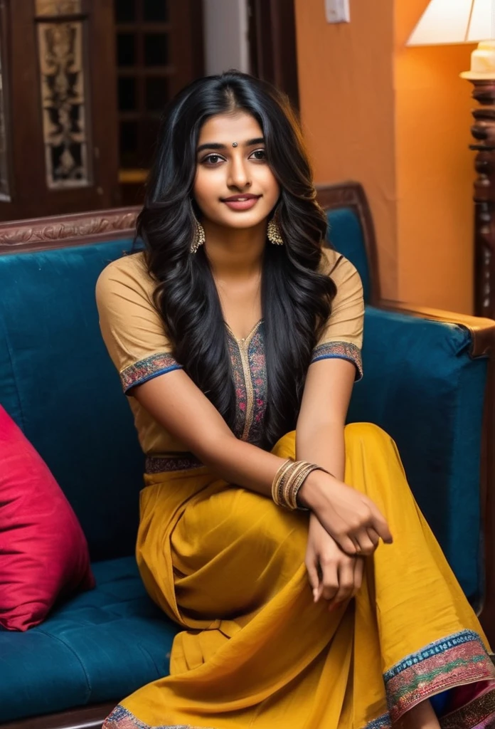 beautiful cute young attractive indian teenage girl, village girl, 18 years old, cute,  Instagram model, long black_hair, colorful hair, warm, dacing, in home sit at  sofa, indian