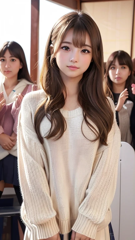 masterpiece, RAW Photos, Beautiful school girl, Light brown long hair, Beautiful light brown eyes, Blushed, (Japanese Idols:1.5), Plump breasts, (Big white sweater :1.3) , Looking at the audience, Cowboy Shot, Sandown City,