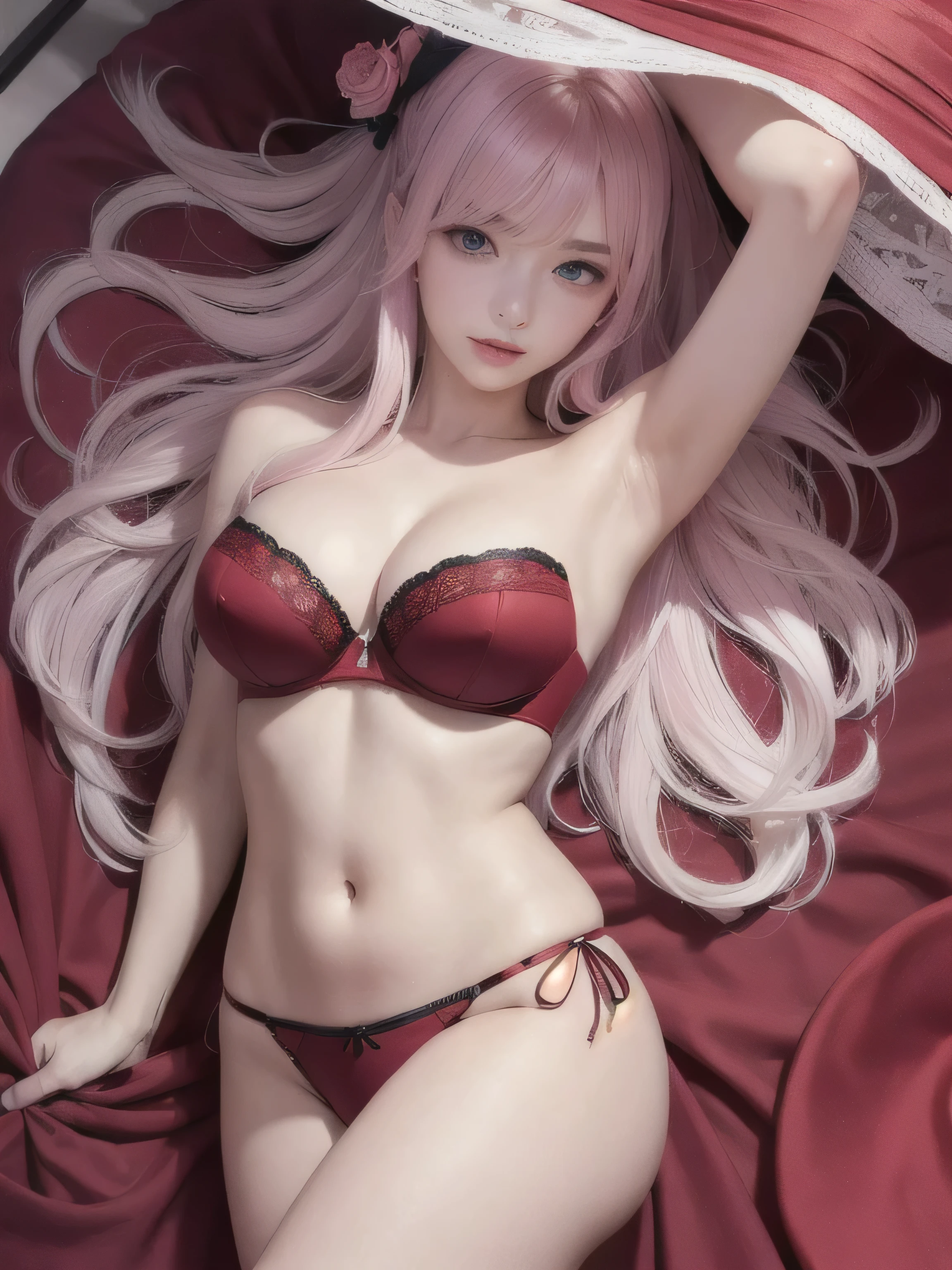 (masterpiece、Highest quality:1.4)、 (8K resolution、Ultra-high resolution:1.2)、(Detailed depiction face,Detailed depiction of hands,Eye for detailed depiction、Detailed skin、Detailed Hair、Glowing Skin,Pale skin:,Beautiful Bangs、Highly Detailed Hair、One Girl,Detail and beauty that cannot be captured in reality,Elegant and perfect figure:1.2)、18-year-old、Lip gloss、(Add highlights to the eyes、The eyes are green,Powerful camera gaze:1.2),( Movement in the bangs.Two-knot hair,Pastel pink hair:1.3) (Cute Smile,Cute face), (Detailed silk sheets,Detailed canopy bed,Detailed king size bed,Detailed pillow,Two large pillows,Pink room,:1.2),(Holding hands,Edgy pose:1.5),(Average chest:1.1),(Red strapless bra,race:1.5),(Blur the background),Sony FE GM,Sparkle Effect,Super bright natural light,Shot from above,Stardust Effect