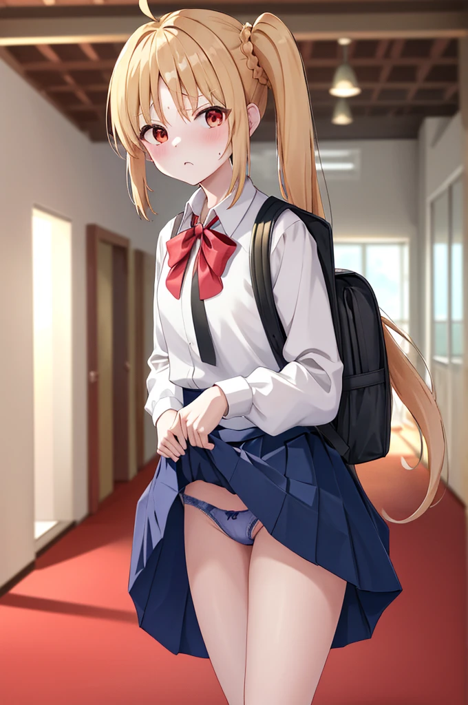 masterpiece, Highest quality, High resolution, 1 in, Side Ponytail, Long Hair, Ahoge, White shirt, Blue Skirt, Long sleeve, Red Bow, White socks, Are standing, (Cowboy Shot), indoor, School corridor,Disgust,anger,Open your mouth,wear randoseru backpack,((Panties in full view)),((Skirt Lift)),