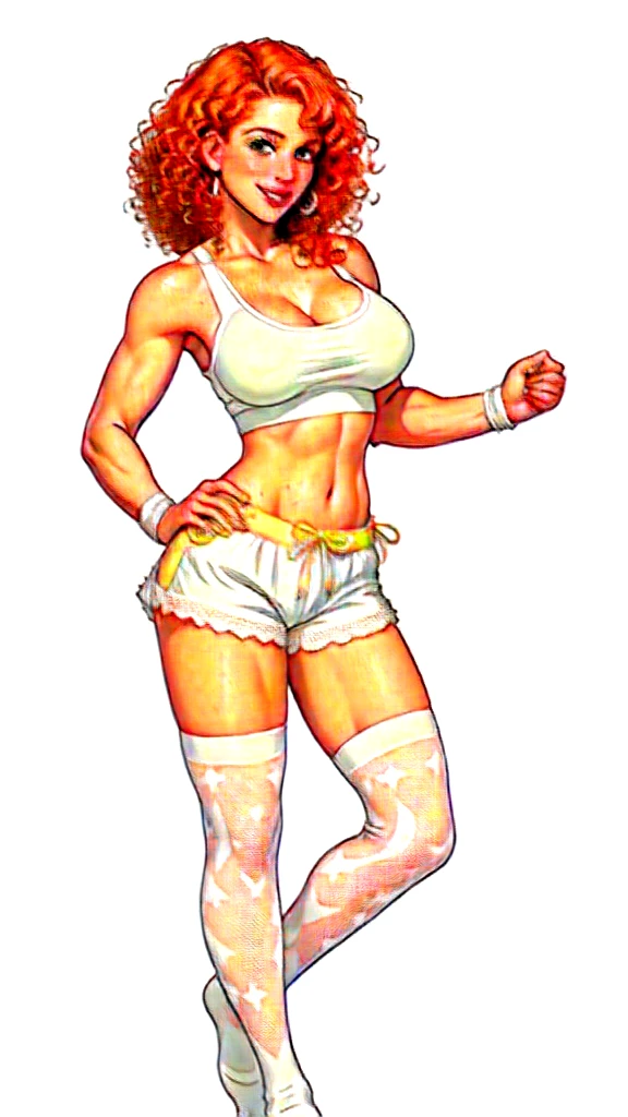 Lacy Lemon, pretty woman, curly ginger hair, midriff, white cloth hotpants,tank top, short shorts, freckles, large breasts, rubenesque, thigh high striped socks, far shot, covered nipples, green eyes, white background, blank background