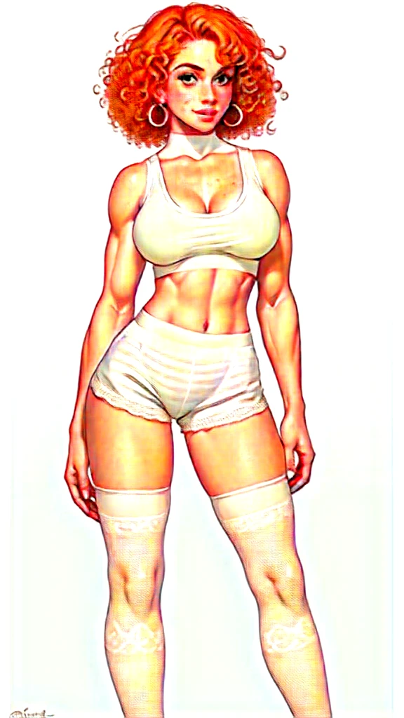 Lacy Lemon, pretty woman, curly ginger hair, midriff, white cloth hotpants,tank top, short shorts, freckles, large breasts, rubenesque, thigh high striped socks, far shot, covered nipples, green eyes, white background, blank background
