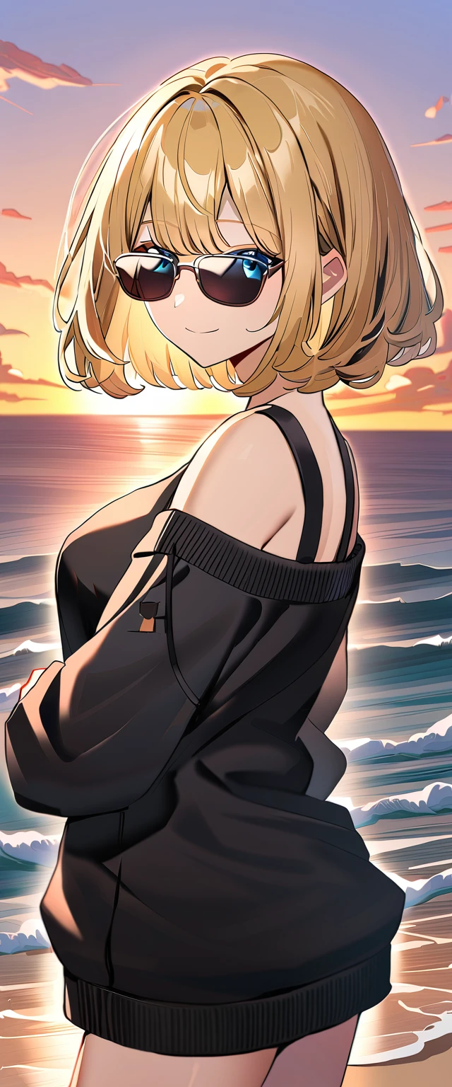 masterpiece, best quality, highres, hmanis, short hair, ahoge, hair ornament, eyewear on head, necklace, cleavage, eyepatch bikini, white bikini, yellow jacket, open jacket, off shoulder, <lora:anis_(nikke)_v1:0.7>, beach, smile, cowboy shot, standing
