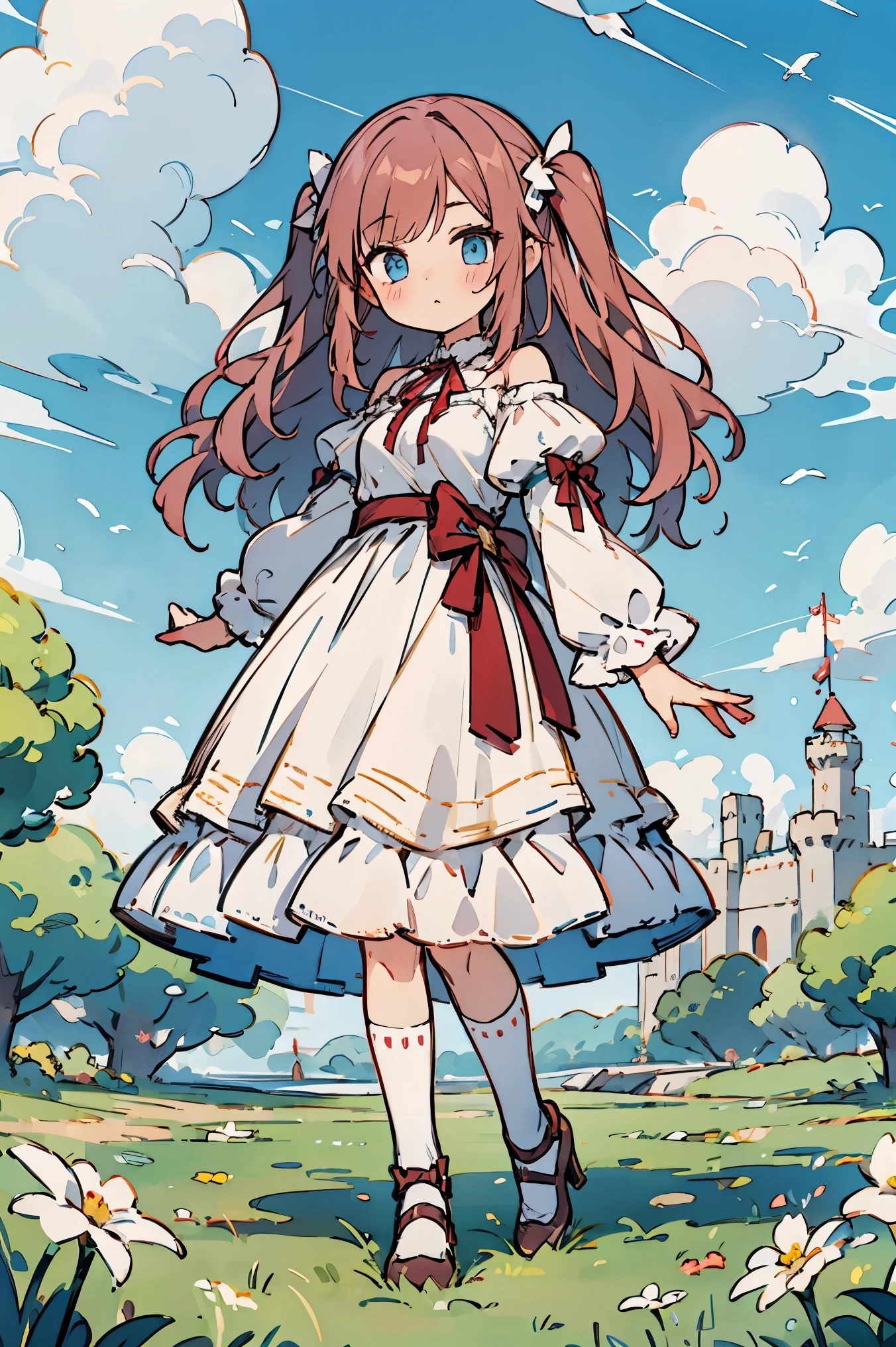 solo, girls, (one side up, wavy long hair:1.58), high neck clothes and dress in layers, high heels, white legwear, background with((castle, ireland, meadow, grass, old house, log cabin, fort, sky, blue sky, beautiful sky))