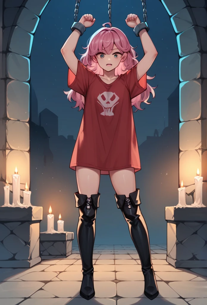 score_9, score_8_up, score_7_up, score_6_up, score_5_up, score_4_up, source_anime, 1girl, worth, pink hair , grenn eyes, w-w-chain ,shackles, spread arms, loose hair, red shirt,thigh high boots, black boots, night,candles, dungeon, best quality, best res, 4K UHD,
 