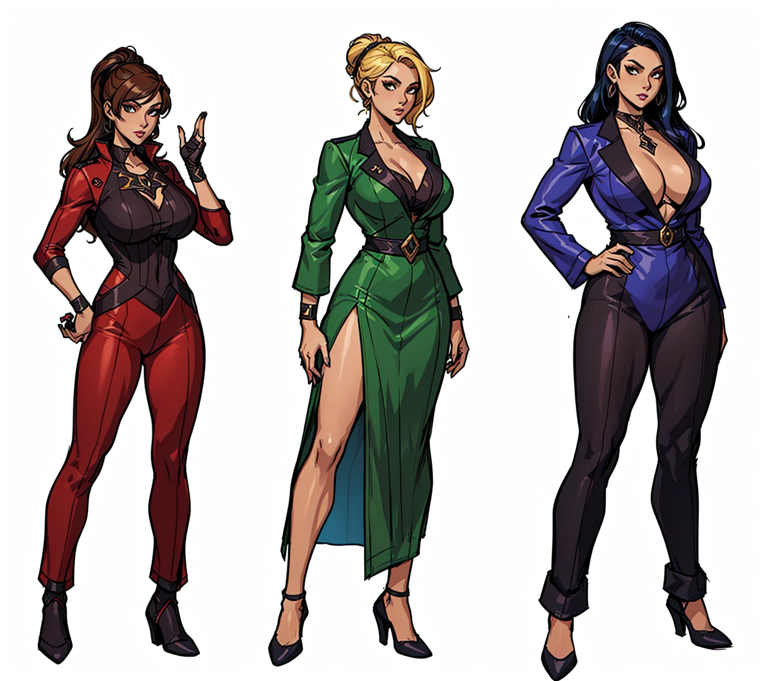three cartoon women in different outfits standing next to each other, outfit designs, diverse outfits, character designs, several character designs, comic character design, d & d style full body portrait, human game protagonist designs, full character design, character concepts, full character concept art, full body character concept art, female superhero proportions, full body character design, female lead character