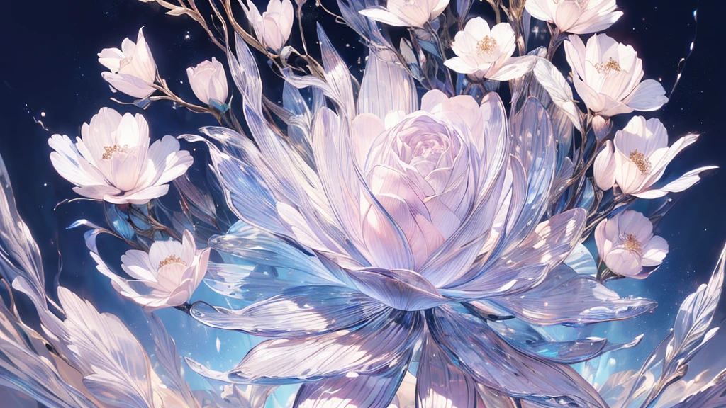 (the best品質を最高に8K, CG, Beautiful and exquisite upper body, Lonely, Thumb Girl, Transparent court dress, Floral forest background, Complex facial features, 長くFlowing髪, Almond Eyes, Exquisite eye makeup, Long eyelashes fluttering, Blinking big eyes, Starry Sky, Delicate lip detail, Soft and harmonious style),(masterpiece, 最high quality, the best, Official Art, Beautiful and beautiful, Long-term exposure: 1.2), Smooth movement, Attractive patterns, 1 Girl, (Long sleeve dress: 1.3), (((White clothes) )), Delicate face,Lavender colored hair,Wavy Hair, Gradient Hair,Long Hair, Bare shoulders, ,Detailed Background, Delicate face, (Crystallized Aluminum, Crystal Theme:1.1), Elemental , Dynamic pose, Suspended particles, Ethereal atmosphere,gem,One girl,goddess,Delicate and beautiful face,Flowing,Full Breast,Perfect balance, Detailed clothing details,Cinema Lighting, Film Grain, Fujicolor, Light and dark contrast, 8K, masterpiece, Textured skin, Super detailed, High detail, high quality, High resolution,(最high quality, masterpiece, Dynamic Angle, Highest Details)