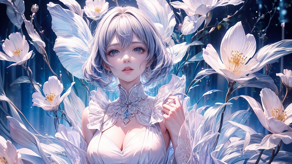 (the best品質を最高に8K, CG, Beautiful and exquisite upper body, Lonely, Thumb Girl, Transparent court dress, Floral forest background, Complex facial features, 長くFlowing髪, Almond Eyes, Exquisite eye makeup, Long eyelashes fluttering, Blinking big eyes, Starry Sky, Delicate lip detail, Soft and harmonious style),(masterpiece, 最high quality, the best, Official Art, Beautiful and beautiful, Long-term exposure: 1.2), Smooth movement, Attractive patterns, 1 Girl, (Long sleeve dress: 1.3), (((White clothes) )), Delicate face,Lavender colored hair,Wavy Hair, Gradient Hair,Long Hair, Bare shoulders, ,Detailed Background, Delicate face, (Crystallized Aluminum, Crystal Theme:1.1), Elemental , Dynamic pose, Suspended particles, Ethereal atmosphere,gem,One girl,goddess，Delicate and beautiful face,Flowing，Full Breast，Perfect balance, Detailed clothing details,Cinema Lighting, Film Grain, Fujicolor, Light and dark contrast, 8K, masterpiece, Textured skin, Super detailed, High detail, high quality, High resolution,(最high quality, masterpiece, Dynamic Angle, Highest Details)