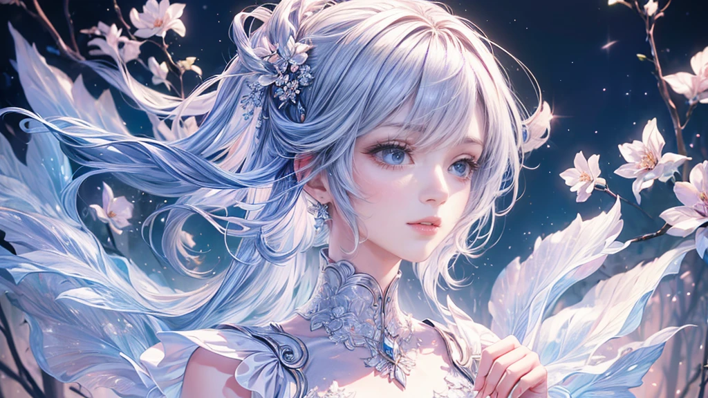 (the best品質を最高に8K, CG, Beautiful and exquisite upper body, Lonely, Thumb Girl, Transparent court dress, Floral forest background, Complex facial features, 長くFlowing髪, Almond Eyes, Exquisite eye makeup, Long eyelashes fluttering, Blinking big eyes, Starry Sky, Delicate lip detail, Soft and harmonious style),(masterpiece, 最high quality, the best, Official Art, Beautiful and beautiful, Long-term exposure: 1.2), Smooth movement, Attractive patterns, 1 Girl, (Long sleeve dress: 1.3), (((White clothes) )), Delicate face,Lavender colored hair,Wavy Hair, Gradient Hair,Long Hair, Bare shoulders, ,Detailed Background, Delicate face, (Crystallized Aluminum, Crystal Theme:1.1), Elemental , Dynamic pose, Suspended particles, Ethereal atmosphere,gem,One girl,goddess,Delicate and beautiful face,Flowing,Full Breast,Perfect balance, Detailed clothing details,Cinema Lighting, Film Grain, Fujicolor, Light and dark contrast, 8K, masterpiece, Textured skin, Super detailed, High detail, high quality, High resolution,(最high quality, masterpiece, Dynamic Angle, Highest Details)
