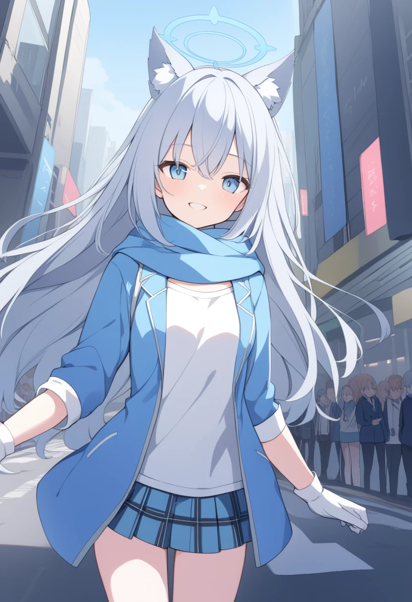 girl，Silver long hair, blue eyes, Wearing a blue hooded jacket,wearing blue hood，A sky blue scarf, A white T-shirt, White gloves, and plaid skirt, Standing on a deserted city street，Smile at the audience, Blue Halo，Gray wolf ears