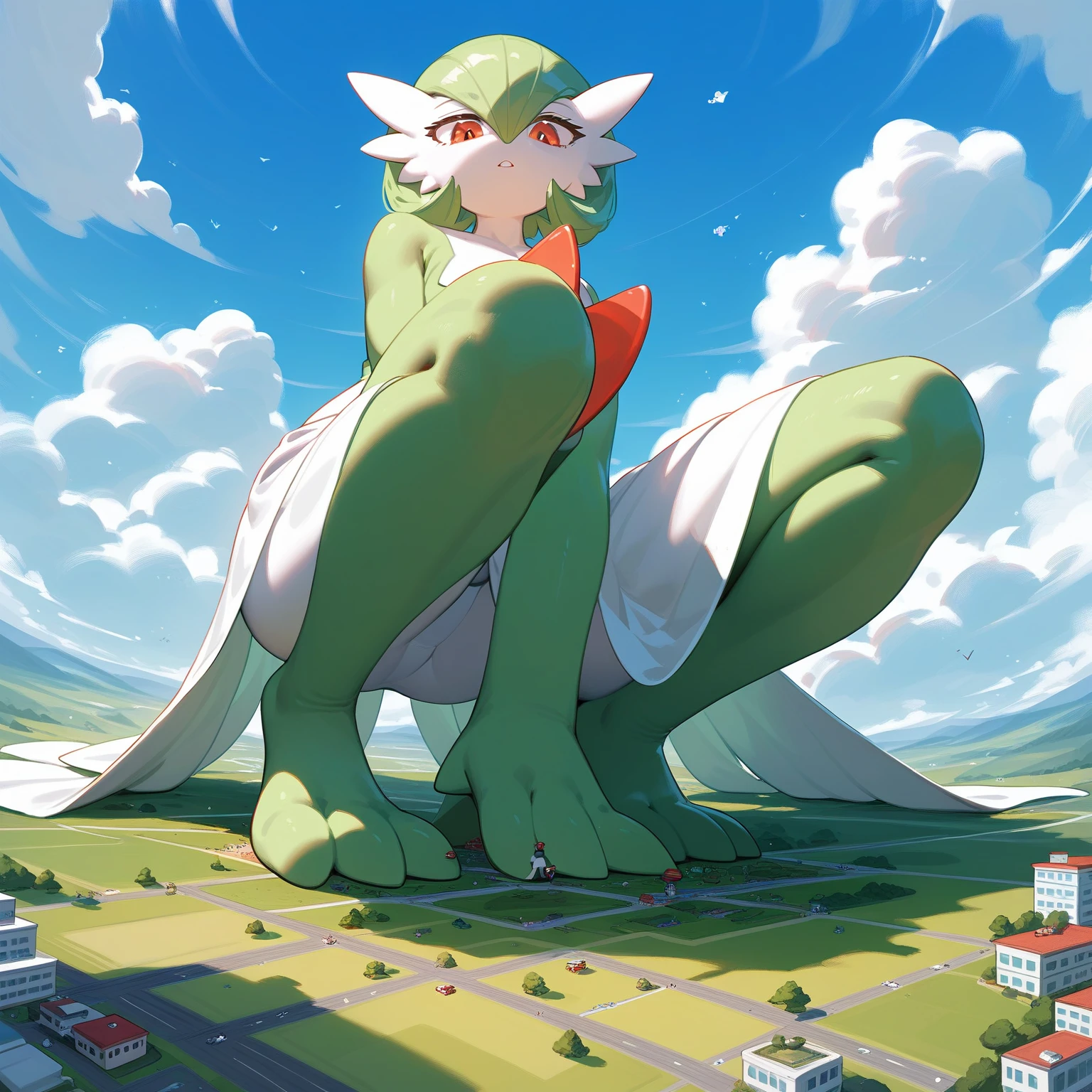 green legs, full body shot, green and white, gardevoir, pokemon, sizedifference, macro, giantess, high angle, stand, looking down, continent, 2 feet, 1 hands shown on, 3 toes, squat, cloud