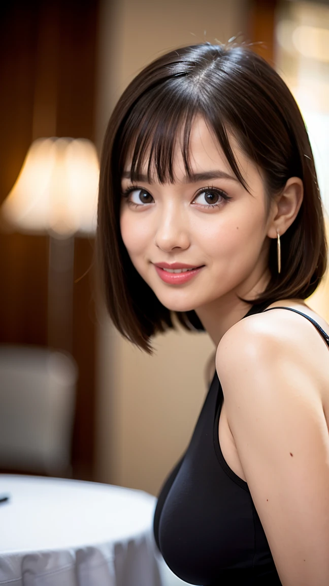 （masterpiece）、(Highest quality:1.5)、(Photorealistic:1.2)、(Surreal), (High resolution), (Realistic), (Post-processing),(Sharp focus), Sharp focus:1.2,Backlight, (Improvement of quality:1.4), (Narrow waist)、Big Ass、((Perfectly detailed five-fingered hands)),（Anatomically correct body）、((1 female:1.4))、Japanese、Realistic Skin、（Small chest：1.4）、Bust size is A cup、Pretty woman with perfect figure:1.4,(from the front:1.5), (Enhances the beauty of skin texture:1.1),No makeup、美しいBlack Hair、The best smile、Natural color lip、(Small Mouth:1.4)、The mouth is not open、Thick lips、(Oval Face)、Even bangs、Hide eyebrows with bangs、((33-year-old woman))、Bob Hair、Hair blowing in the wind, (Black Hair, Iris, Watery eyes, Shining Eyes, Bob Cut Hair, Small earrings,), Hair behind the ear、No makeup、(Drooping eyes)、(((One lovely woman)),((A big friendly smile)),(( Small breasts,Small breastsの谷間)),((((Plump Cheeks)))),((whole body：1.５)),very cute,(Baby Face),高級restaurantで、full-course dinner、Wine Party、Bright image、The beauty of wine, Beautiful Face,  red wine 、Appetizers、Italian food、Wine bottle、Champagne、sparkling wine、(slimな顔), (The body is slim),restaurant,  White wine, slim, wine glass, 中央に置かれたwine glass,  Beautiful fine grain, Depth f/2,saturation, High Contrast, Strong light and shadow,Moist Body:1.5、3D texture、Delicate eyes、((In front of the food on the table：1.5)）、White collar shirt and tie、erious expression