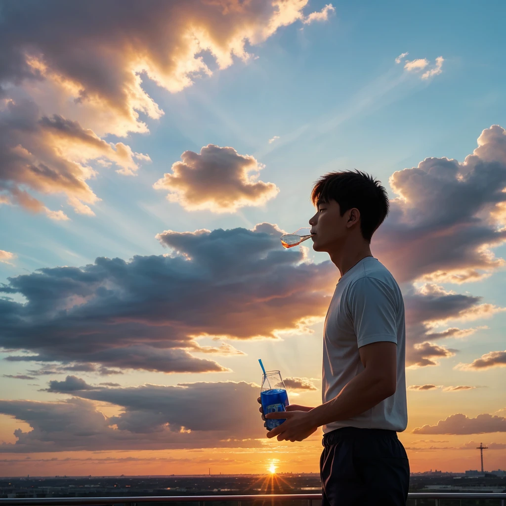 A anime man drinking coldrink🧃looking at clouds with sunrise from distance 