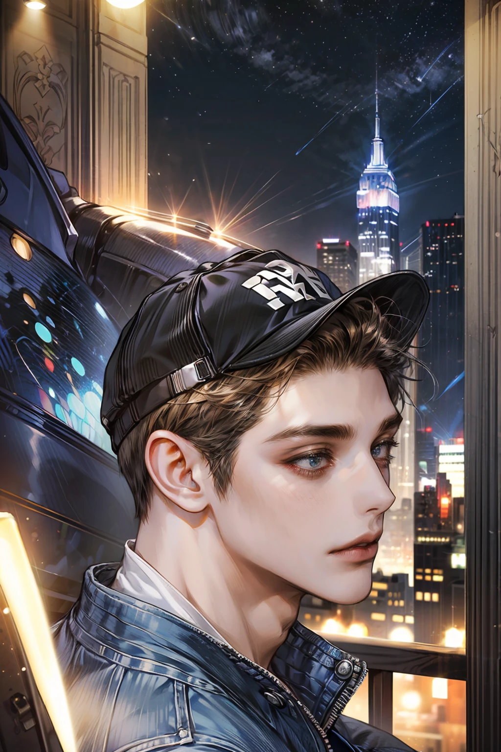 a handsome american man on an apartment balcony, skyscrapers in new york city background, short messy brown hair, gorgeous attractive face, wearing a white t-shirt, jeans, and a baseball cap, starry night sky, cinematic lighting, photorealistic, highly detailed, 8k, masterpiece, dark theme, adult, muscular, close up face