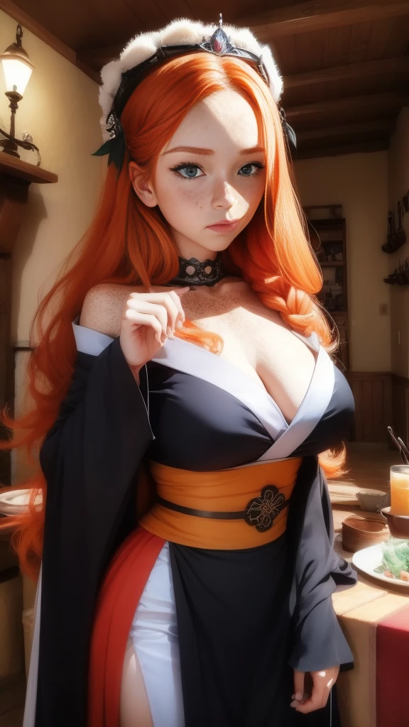 Young (princess), striking figure, long flowing ginger hair, wavy hairs, fair skin, freckles, (kolito), innocent and (regal appearance), expressive green eyes are filled with a mix of curiosity and determination, her slender frame, elegant grace, vibrant orange kimono with white and black decorations, ((very long sleeves)), cleavage, feather headdress, in a medieval tavern