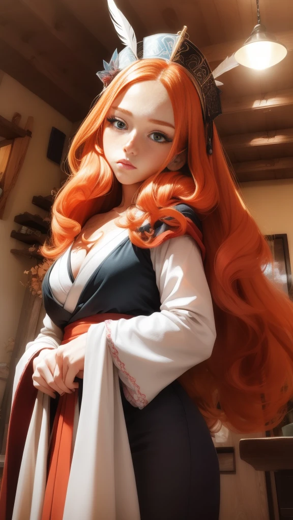 Young (princess), striking figure, long flowing ginger hair, wavy hairs, fair skin, freckles, (kolito), innocent and (regal appearance), expressive green eyes are filled with a mix of curiosity and determination, her slender frame, elegant grace, vibrant orange kimono with white and black decorations, ((very long sleeves)), cleavage, feather headdress, in a medieval tavern