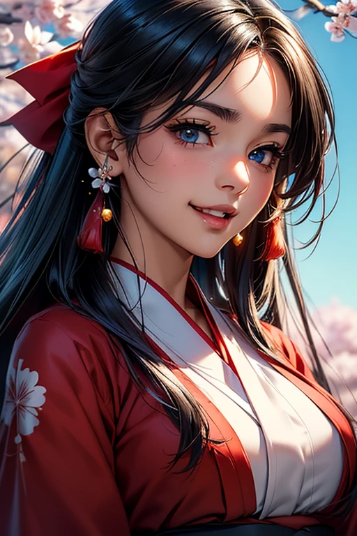 #Basics A girl is posing for a photo, animeのかわいい女の子, (((One Girl, , Young girs old))),
Bhing Accessories
(Shrine maiden costume : A red haori with large sleeves on a white background + cherry blossomsの刺繍が施されている + Deep red hakama skirt + Flower-shaped hair ornament + 伝統的な日本のshrineのShrine maiden costume), ((Tanned dark skin)), Silver earrings,
BREAK
#Features
(Black Hair), (Straight cut), (Long Hair + Straight Hair + Straight hair without any kinks),
(Droopy eyes, blue eyes), (Small breasts),
BREAK
#background environment
((noon, Sunshine, shrine + cherry blossoms, blue sky)),
#Facial Expression Pose
((Big happy smile + Mouth wide open + Teeth are visible), (Standing looking up at the sky)),
#composition
((Angle from below, Cowboy Shot)),
BREAK
#Body parts elements
(Detailed hair, Beautiful Hair, Shiny Hair),
(double eyelid, Long eyelashes),
(Expression of fine eyes, Beautiful and delicate eyes, Sparkling eyes, Eye Reflexes, Glitter Eyeliner),
(Human Ear),
(Beautiful Nose, Thin Nose),
(Glossy lips, Beautiful Lips, Thick lips, Glossy Lips, Natural Cheeks),
(Detailed face, Symmetrical facial features),
(Detailed skin, Textured skin, Beautiful Skin, Shiny skin),
BREAK
#Quality
(((Highest quality)), ((masterpiece)), ((Very detailed))), ((High resolution), (16K,1080P)),
(Realistic), (Anatomically correct),
((comics, anime)), (3DCG), CG illustration,