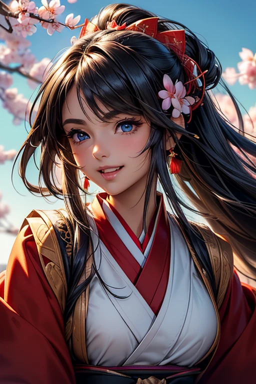 #Basics A girl is posing for a photo, animeのかわいい女の子, (((One Girl, , Young girs old))),
Bhing Accessories
(Shrine maiden costume : A red haori with large sleeves on a white background + cherry blossomsの刺繍が施されている + Deep red hakama skirt + Flower-shaped hair ornament + 伝統的な日本のshrineのShrine maiden costume), ((Tanned dark skin)), Silver earrings,
BREAK
#Features
(Black Hair), (Straight cut), (Long Hair + Straight Hair + Straight hair without any kinks),
(Droopy eyes, blue eyes), (Small breasts),
BREAK
#background environment
((noon, Sunshine, shrine + cherry blossoms, blue sky)),
#Facial Expression Pose
((Big happy smile + Mouth wide open + Teeth are visible), (Standing looking up at the sky)),
#composition
((Angle from below, Cowboy Shot)),
BREAK
#Body parts elements
(Detailed hair, Beautiful Hair, Shiny Hair),
(double eyelid, Long eyelashes),
(Expression of fine eyes, Beautiful and delicate eyes, Sparkling eyes, Eye Reflexes, Glitter Eyeliner),
(Human Ear),
(Beautiful Nose, Thin Nose),
(Glossy lips, Beautiful Lips, Thick lips, Glossy Lips, Natural Cheeks),
(Detailed face, Symmetrical facial features),
(Detailed skin, Textured skin, Beautiful Skin, Shiny skin),
BREAK
#Quality
(((Highest quality)), ((masterpiece)), ((Very detailed))), ((High resolution), (16K,1080P)),
(Realistic), (Anatomically correct),
((comics, anime)), (3DCG), CG illustration,