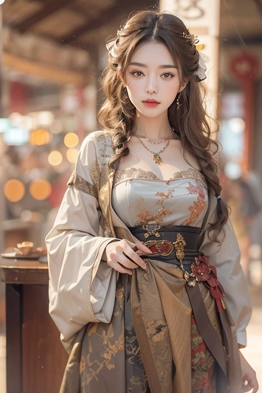 (masterpiece:1.3), (8K, Realistic, RAW Photos, Best image quality: 1.4), Japanese 、18-year-old,(Random Hairstyles:1.2)、Cleavage:1.2、Highly detailed face、Attention to detail、double eyelid、Chest to chest、Sharp focus:1.2、Beautiful woman:1.4、Light brown hair、Highest quality、masterpiece、Ultra-high resolution、(Realistic:1.4)、Highly detailed and professionally lit smiles、Loose fitting steampunk outfit、Shoulder out、thin、Serious expression、Holding a gorgeous necklace in her right hand, Eat a meal at a restaurant