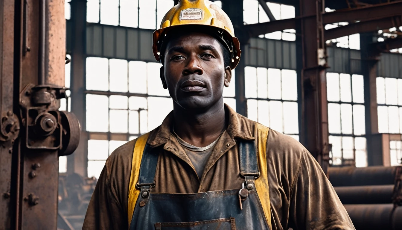 a black man working at republic steel from 1953 to 1992, steel mill, machinery, fellow workers, hardworking, dedicated, (best quality,4k,8k,highres,masterpiece:1.2),ultra-detailed,(realistic,photorealistic,photo-realistic:1.37),industrial, gritty, moody lighting, dramatic shadows, warm tones, cinematic, detailed facial features, muscular build, working class, grease and dirt on clothes, intense expression, focused on task