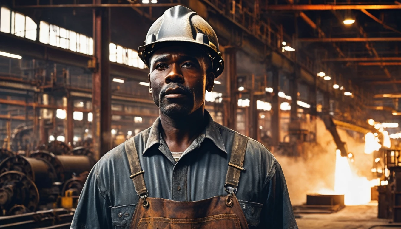 a black man working at republic steel from 1953 to 1992, steel mill, machinery, fellow workers, hardworking, dedicated, (best quality,4k,8k,highres,masterpiece:1.2),ultra-detailed,(realistic,photorealistic,photo-realistic:1.37),industrial, gritty, moody lighting, dramatic shadows, warm tones, cinematic, detailed facial features, muscular build, working class, grease and dirt on clothes, intense expression, focused on task