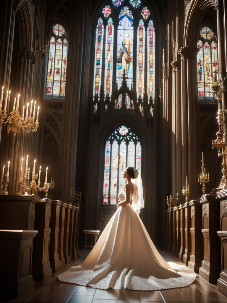 A woman, full of elegance and with a glowing complexion, is dressed in a heavenly white wedding gown intricately decorated with pearls and diamonds. She is situated in the aisle of a striking, old cathedral, with soft light washing over her from the stained-glass windows. This light projects a mysterious interplay of colors on her dress, giving it a dreamy aesthetic. The photo captures her in a high-angle shot, creating a contrast between her peaceful demeanor and the cathedral's impressive architecture.