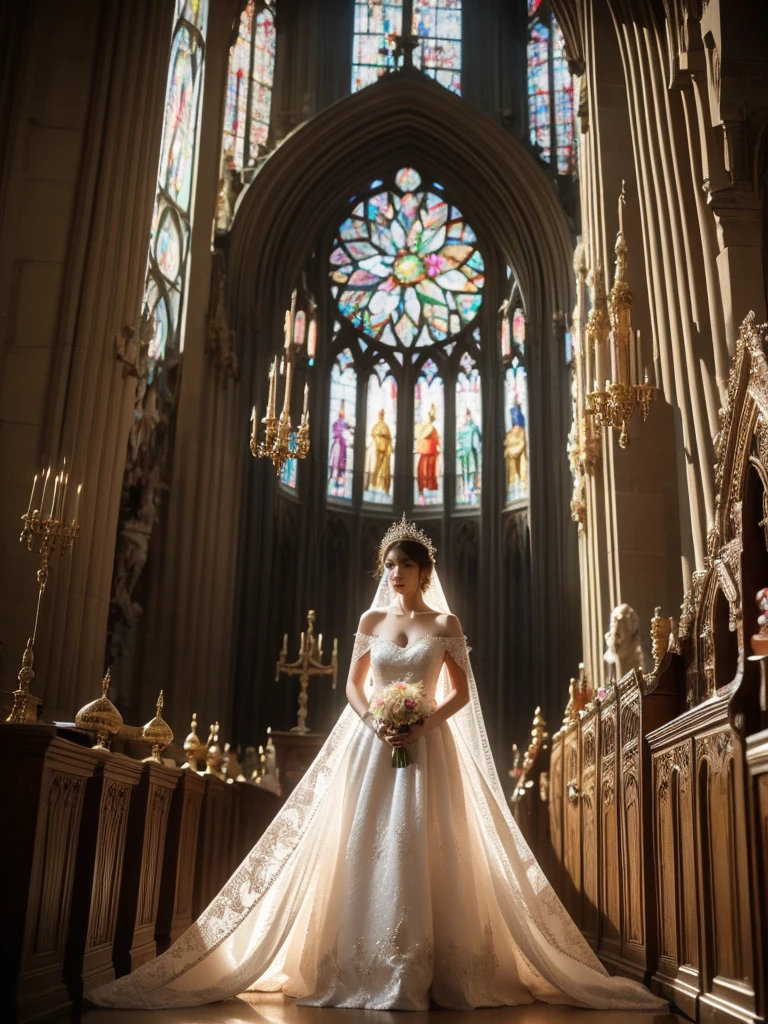 A woman, full of elegance and with a glowing complexion, is dressed in a heavenly white wedding gown intricately decorated with pearls and diamonds. She is situated in the aisle of a striking, old cathedral, with soft light washing over her from the stained-glass windows. This light projects a mysterious interplay of colors on her dress, giving it a dreamy aesthetic. The photo captures her in a high-angle shot, creating a contrast between her peaceful demeanor and the cathedral's impressive architecture.