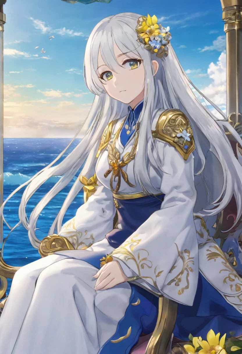 Take a seat by the ocean, She must have long white hair and a very pretty hairstyle., first the king, eyes like honey, cute boku no hero style clothes with gold details, She must be alone and with flowers on her arm as if it were a curse, Don't forget that her skin is dark