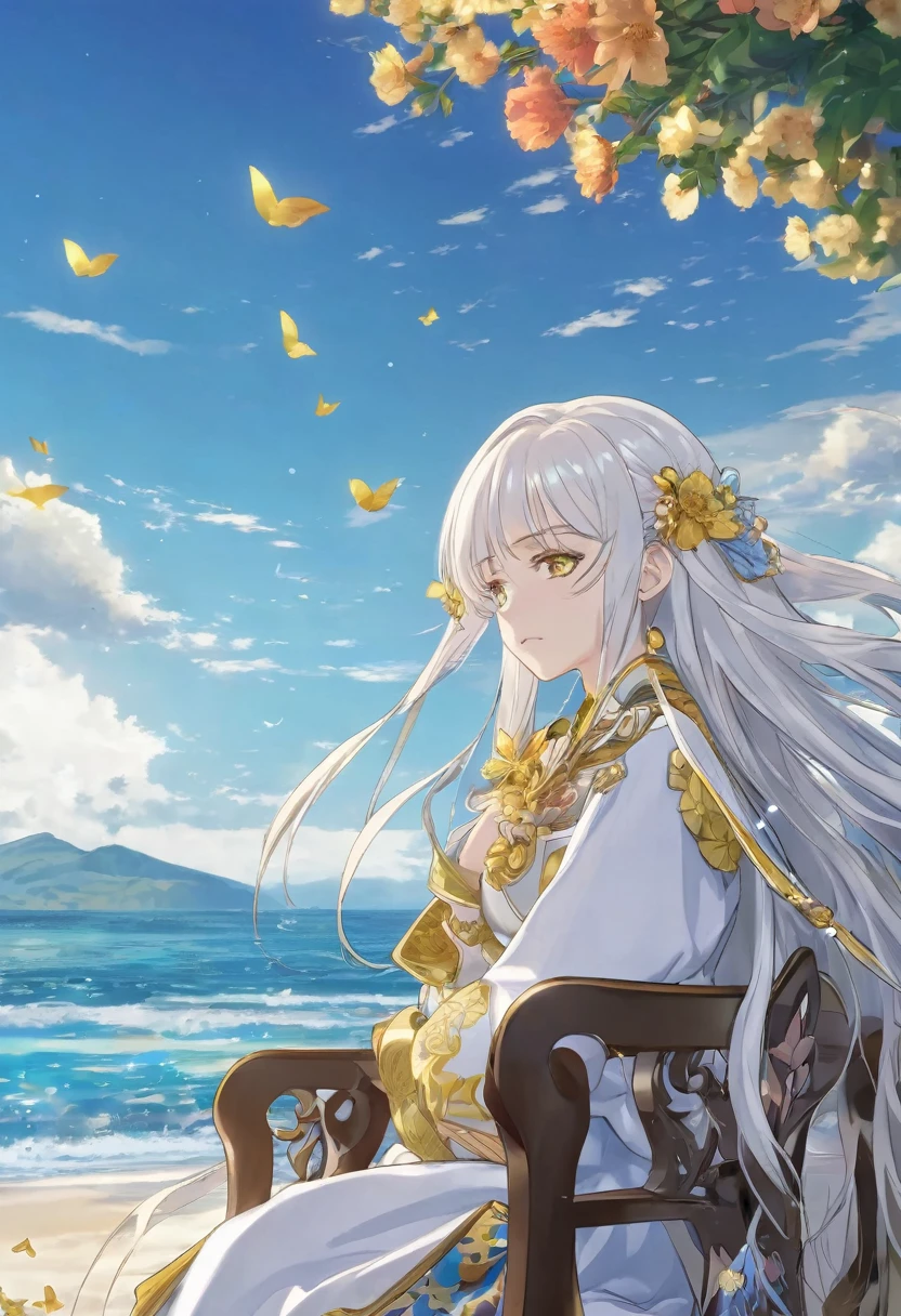 Take a seat by the ocean, She must have long white hair and a very pretty hairstyle., first the king, eyes like honey, cute boku no hero style clothes with gold details, She must be alone and with flowers on her arm as if it were a curse, Don&#39;t forget that her skin is dark 